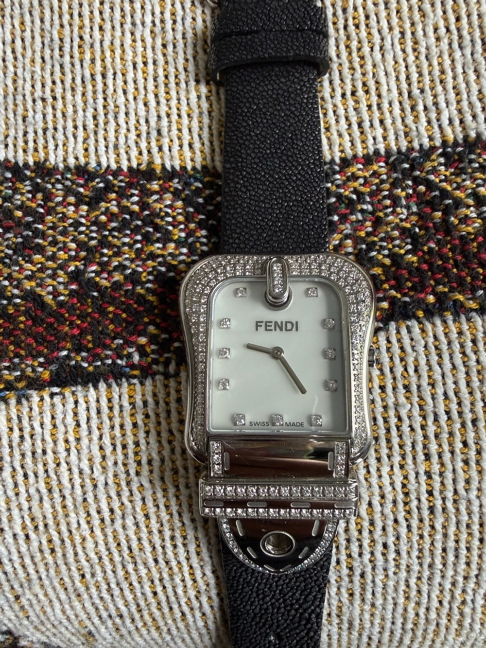 Fendi Black Diamond-Trim Mother-of-Pearl Dial Watch